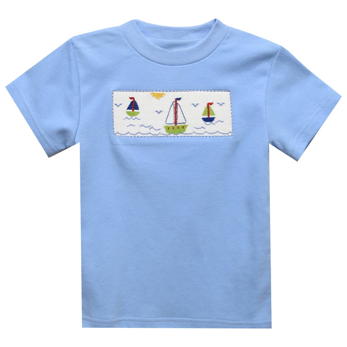 Sailboat and Sunset Smocked Knit Short Sleeve Boys T-Shirt: White / 5