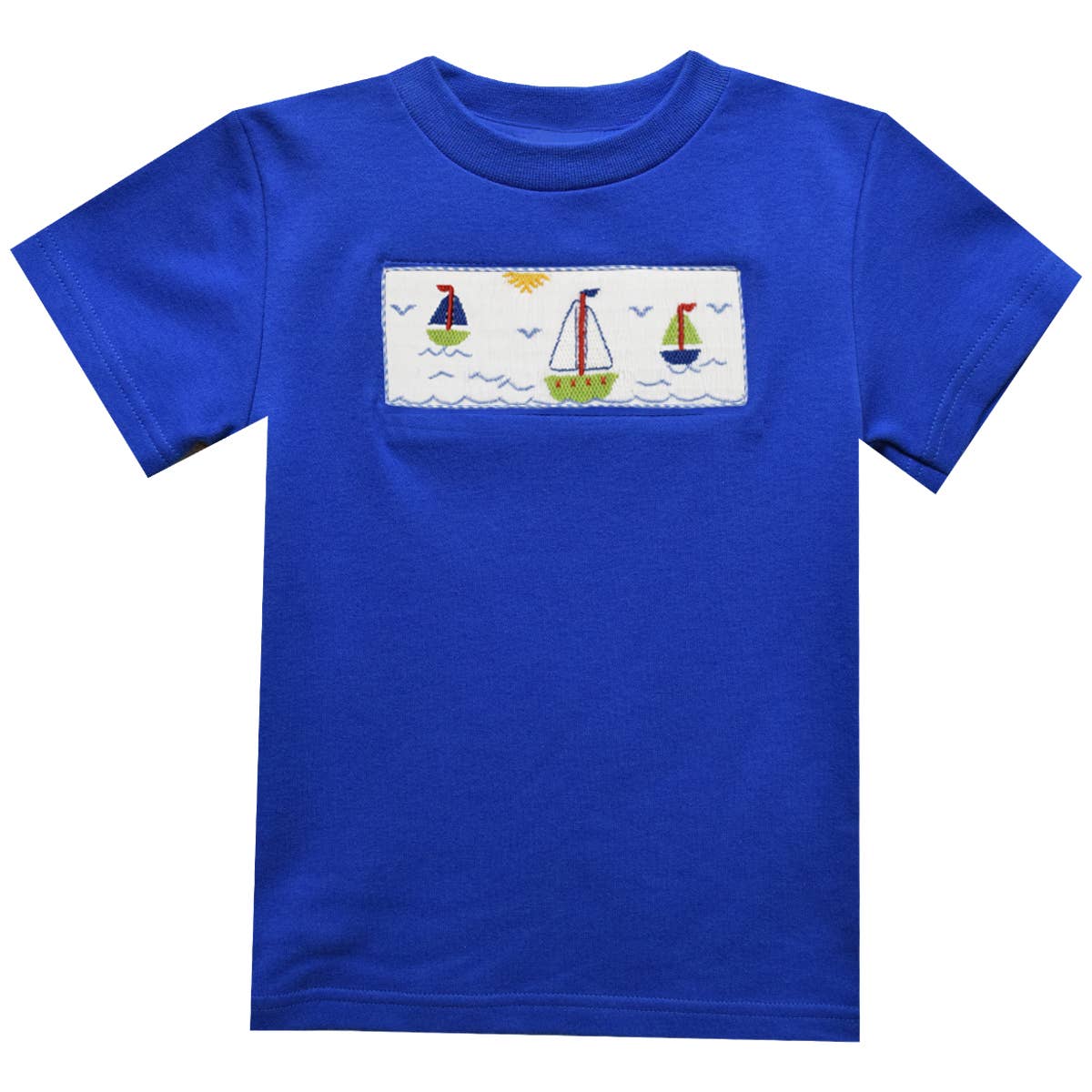 Sailboat and Sunset Smocked Knit Short Sleeve Boys T-Shirt: White / 5