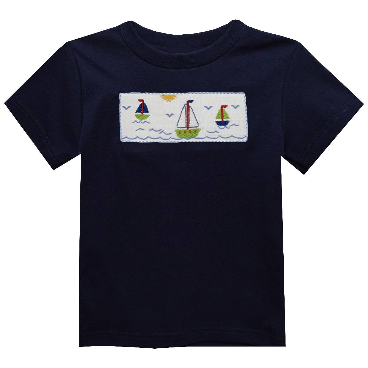 Sailboat and Sunset Smocked Knit Short Sleeve Boys T-Shirt: White / 5