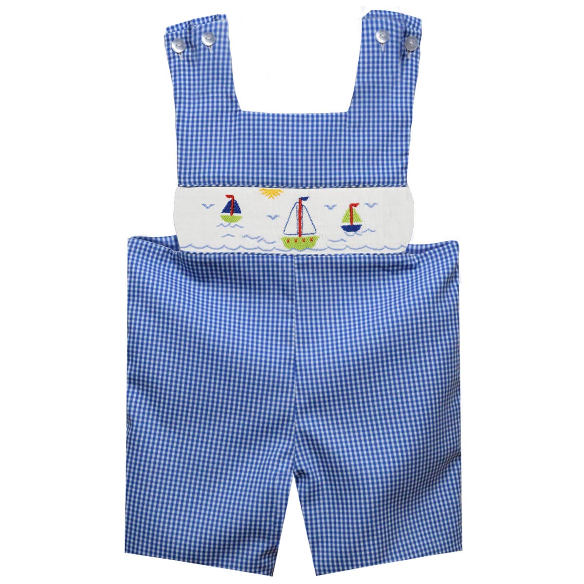 Sailboat and Sunset Smocked Gingham Boys Shortall: Navy / 3