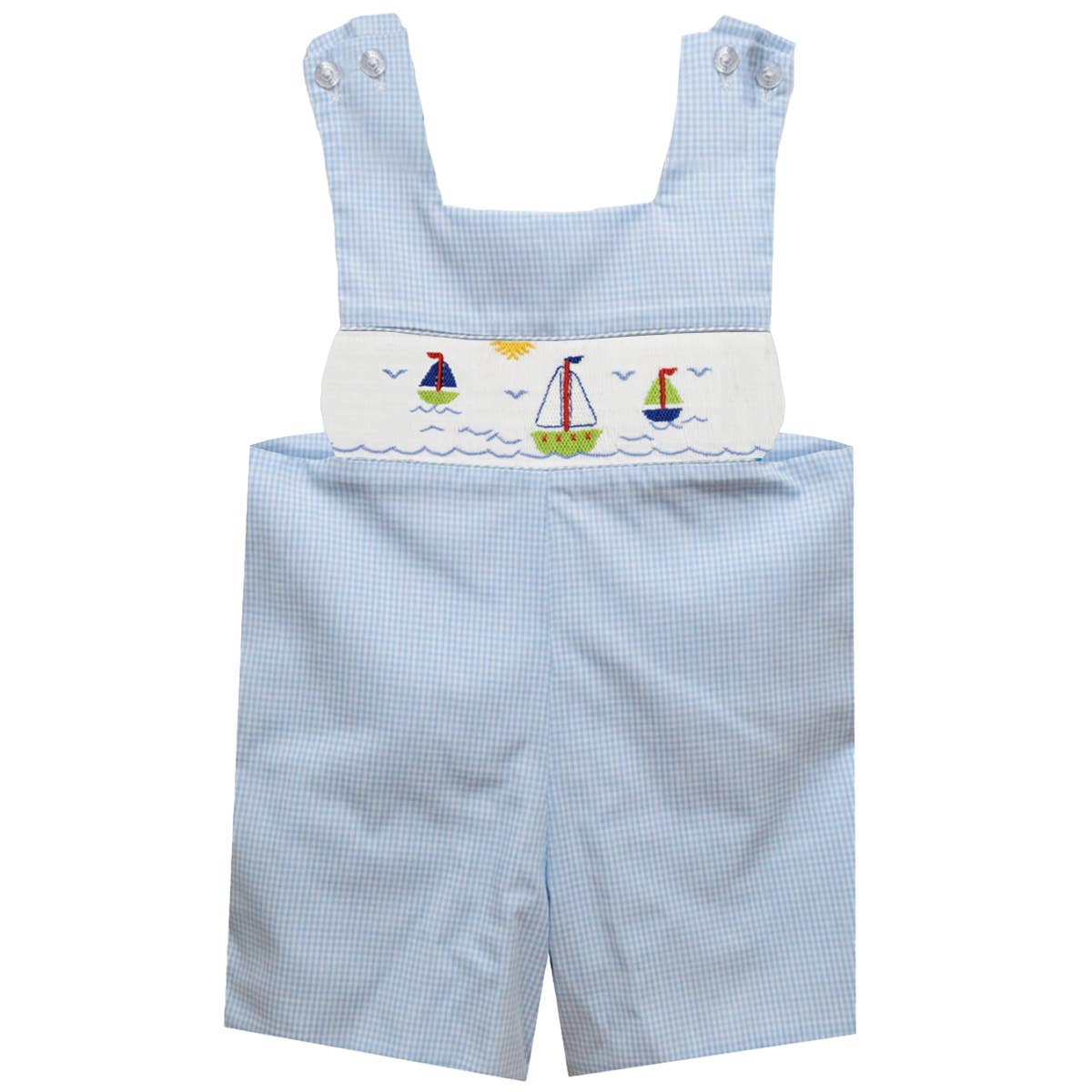 Sailboat and Sunset Smocked Gingham Boys Shortall: Navy / 3