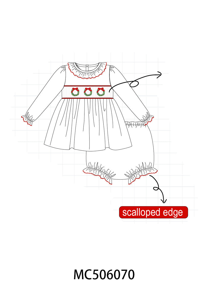 PO59 White wreath embroidery smocked ruffle collection