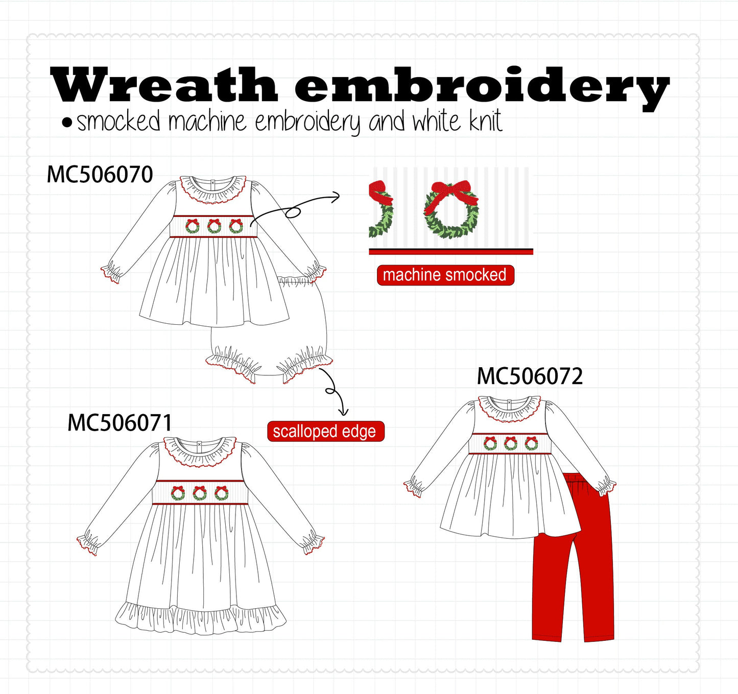 PO59 White wreath embroidery smocked ruffle collection