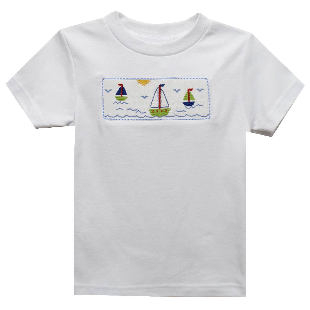 Sailboat and Sunset Smocked Knit Short Sleeve Boys T-Shirt: White / 5