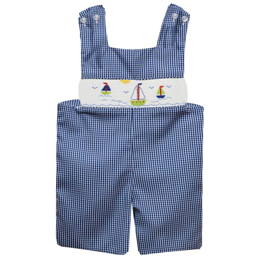 Sailboat and Sunset Smocked Gingham Boys Shortall: Navy / 3