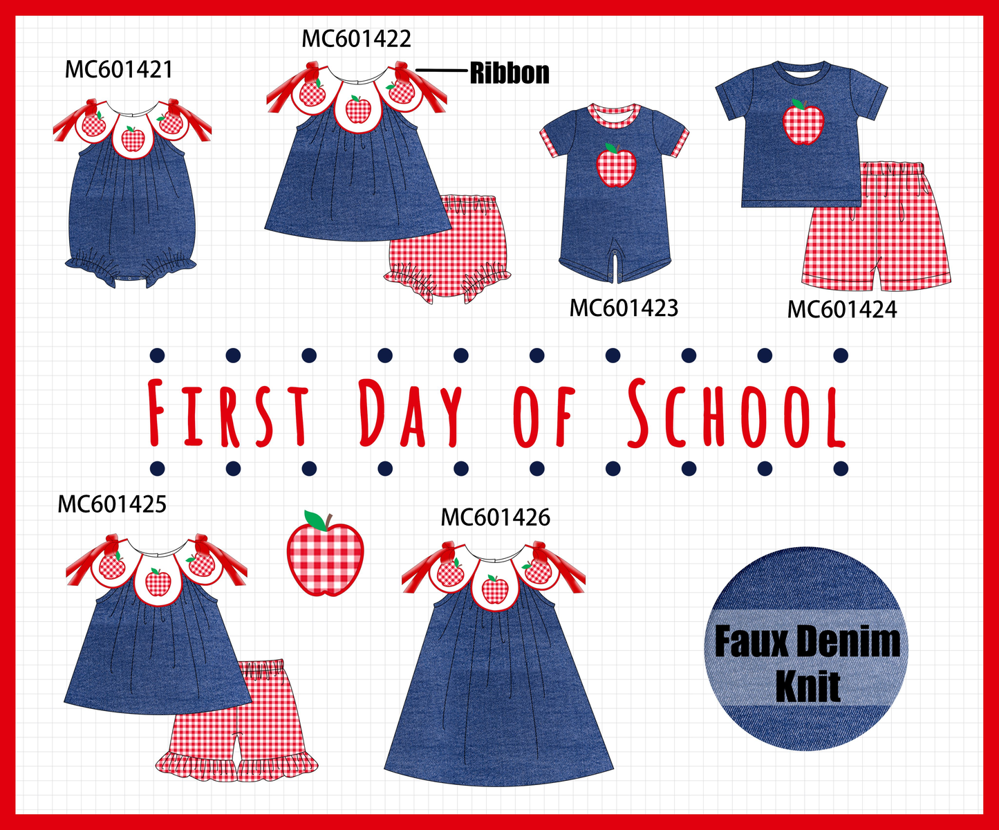 PO80 Blue back to school apple applique denim collection