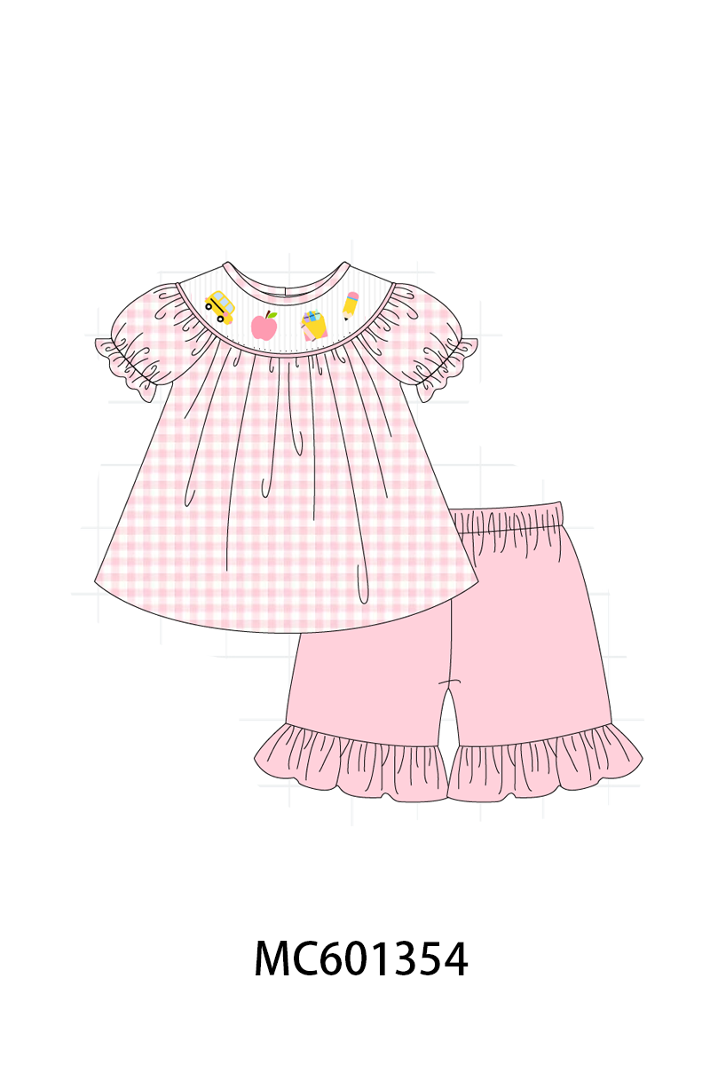 PO80 Pink back to school bus apple smocked collection
