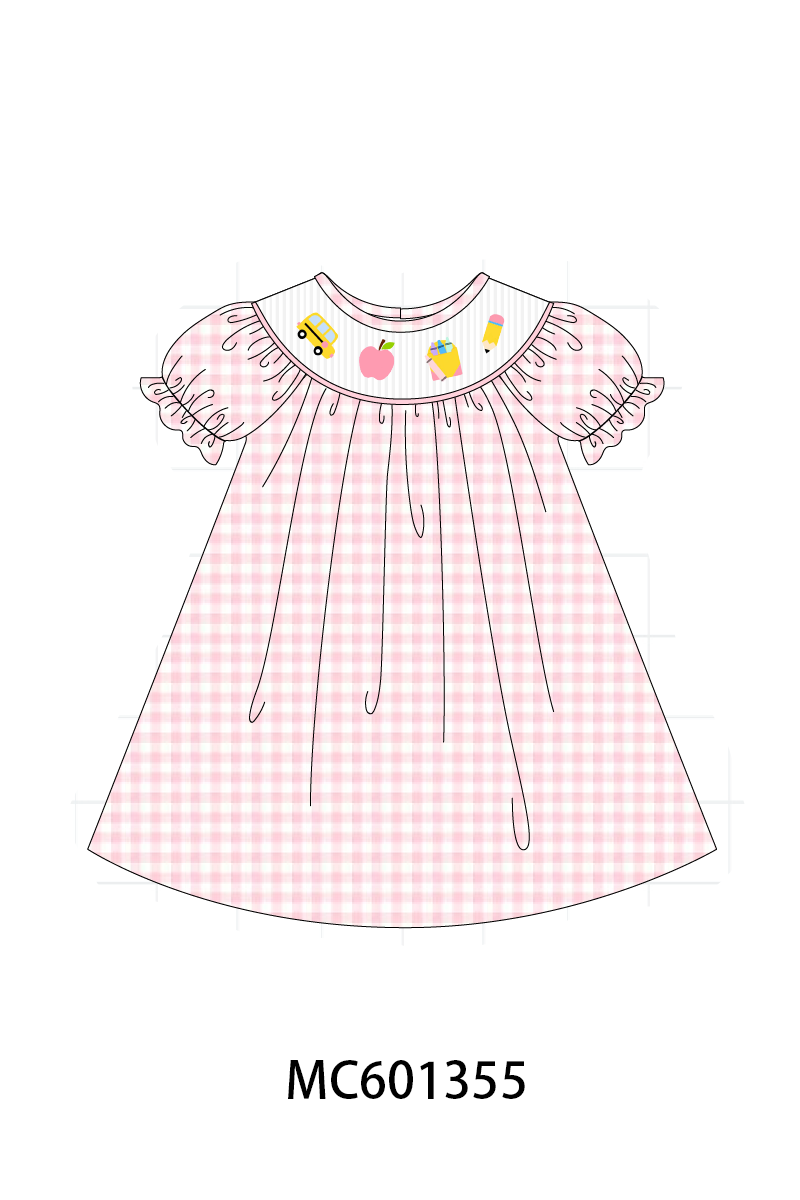 PO80 Pink back to school bus apple smocked collection