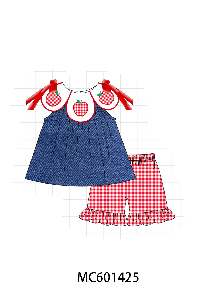 PO80 Blue back to school apple applique denim collection
