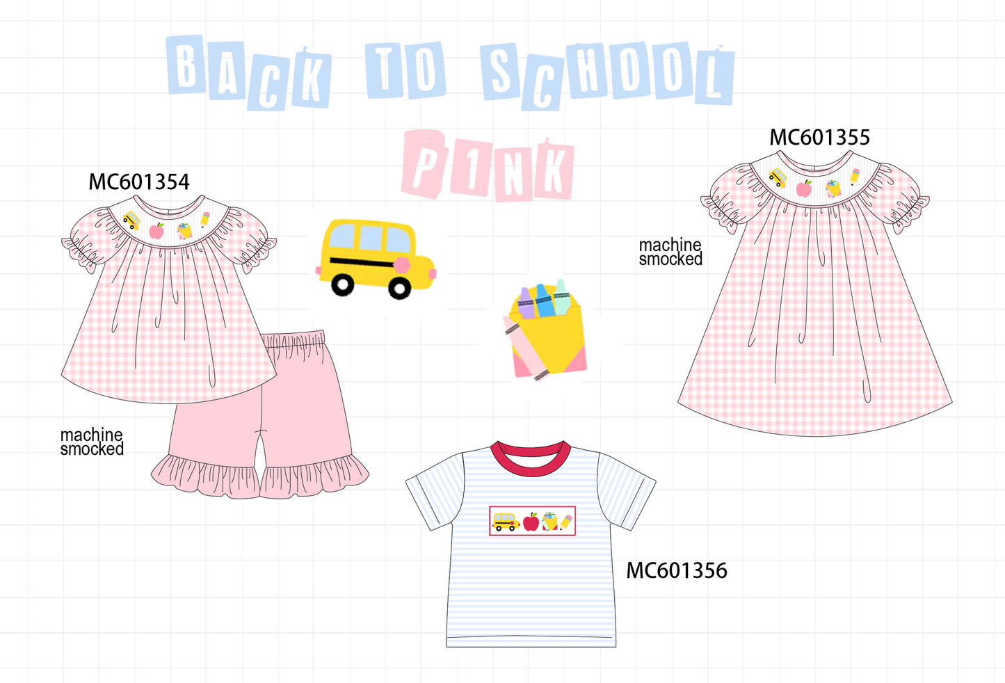 PO80 Pink back to school bus apple smocked collection