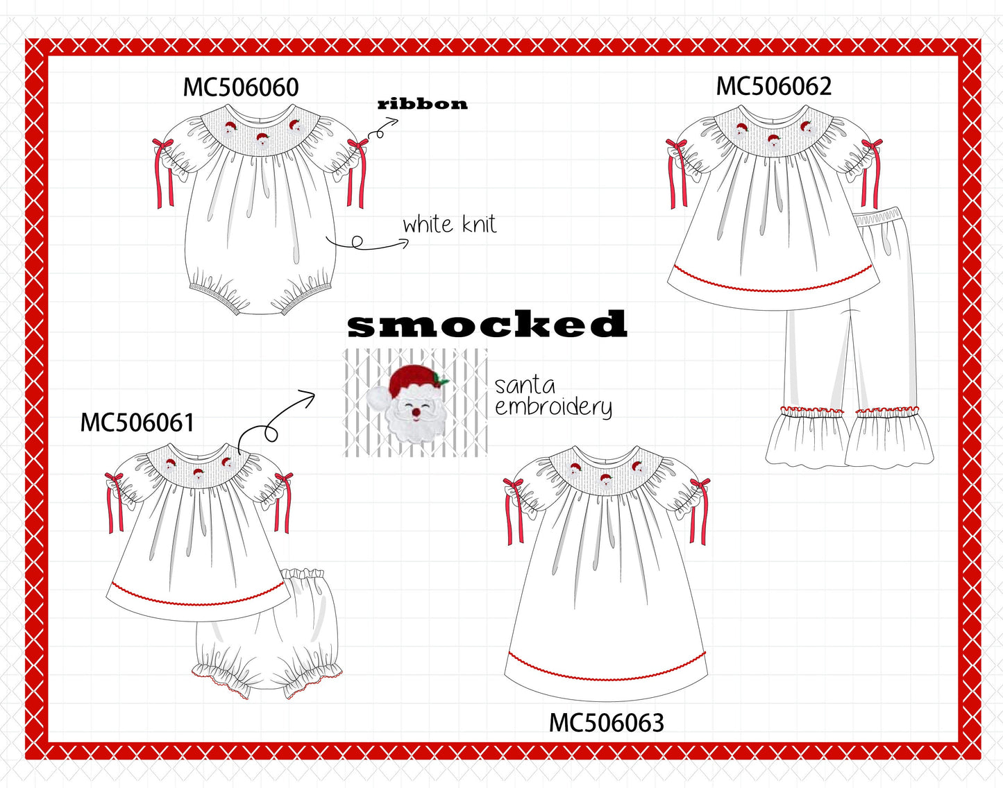 PO59 Red christmas santa claus embroidery smocked collection