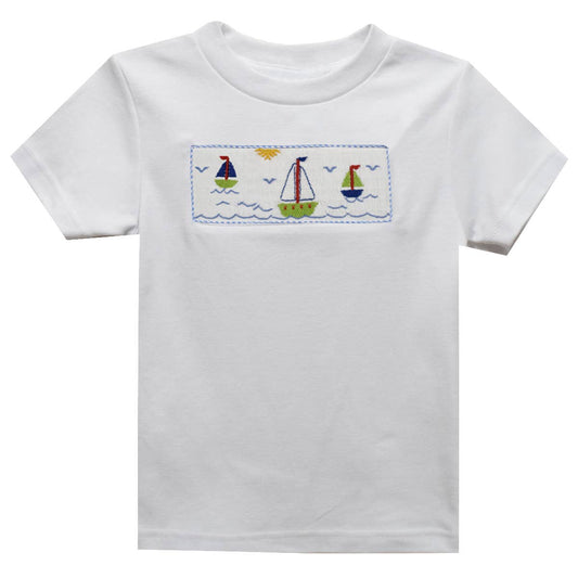 Sailboat and Sunset Smocked Knit Short Sleeve Boys T-Shirt: White / 5
